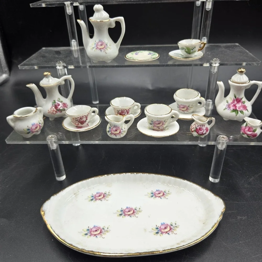 Vtg Miniature Ceramic Tea Set 22pc Pink Floral Rose w Gold Trim EXC Super Tiny